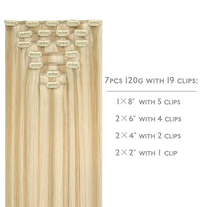 WENNALIFE Clip in Hair Extensions Real Human Hair, 22 Inch 160g 7pcs Remy Hair, Light Blonde Highlighted Golden Blonde Straight Clip Ins Natural Extensiones De Cabello Humano Con