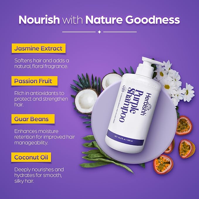 Herbishh Purple Shampoo for Blonde Hair 16.9 fl. Oz, Eliminates Yellow & Brassy Undertones from Silver & Highlighted Hair, Deep Cleansing Shampoo, Frizz Control & Color Protection