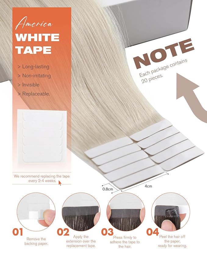 Sunny Hair Tape in Hair Extensions Real Human Hair Invisible Remy Hair Extensions Tape ins for Women White Platinum Blonde 26 inch 20Pcs 50G