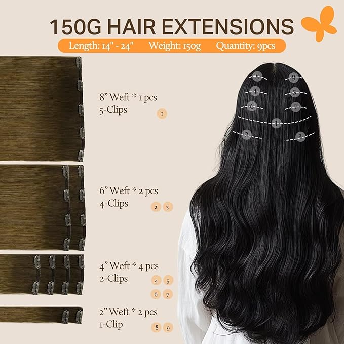 DOORES Human Hair Extensions Clip in, Chocolate Dip Color Melt 14 Inch 150g 9pcs, Real Human Hair Remy Hair Extensions Straight Thick Extensions