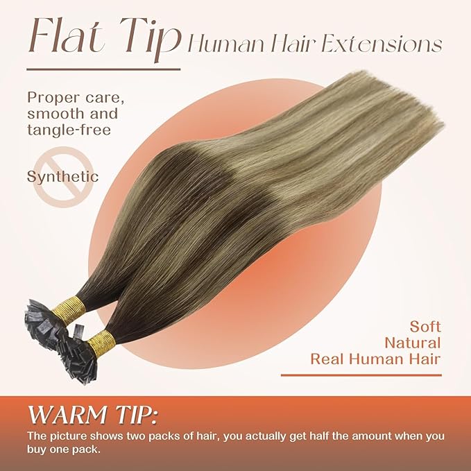Sunny Hair Flat Tip Hair Extensions Human Hair Balayage Brown Blonde Hair Extensions Keratin Tip 20inch Keratin Fusion Human Hair Extensions for Women 50g