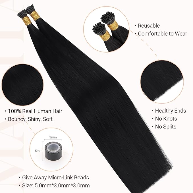MAXITA I Tip Hair Extensions Human Hair,Jet Black 100g/50s 22 Inch, Comfortable Wear, 100% Remy Human Hair, Real Human Itip Keratin Hair Extensions