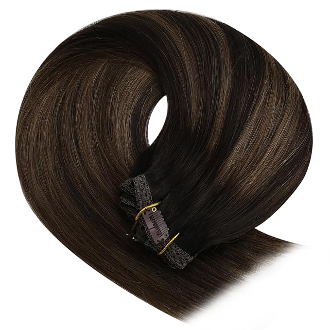 YoungSee 150G Clip in Hair Extensions Balayage Clip on Hair Extensions Dark Brown Mix Medium Brown Highlights Brown Balayage Clip in Extensions Real Hair Suitable for Special Occasions 7Pcs 20In 7Pcs