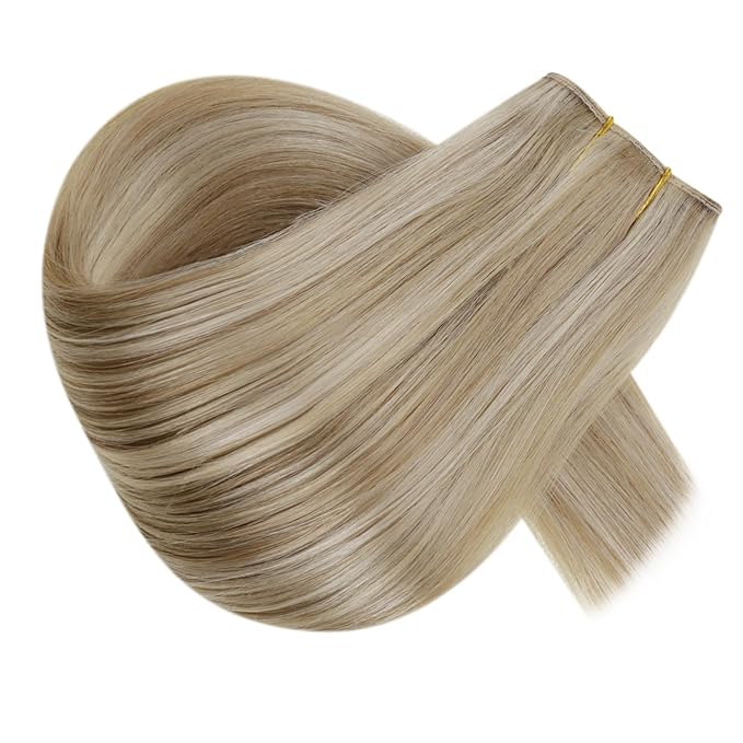 RUNATURE Wire Human Hair Extensions Dark Blonde Highlight Golden Blonde Fish Wire Hair Extensions Real Human Hair Invisible Wire Hair Extensions 16 Inch 80g