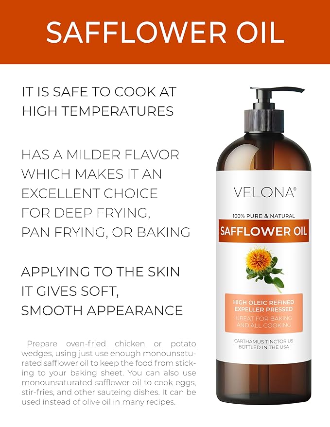 velona Safflower Oil 32 fl oz | 100% Pure and Natural Carrier Oil | Refined, Expeller Pressed | Cooking, Skin, Hair, Body & Face Moisturizing | Use Today - Enjoy Results