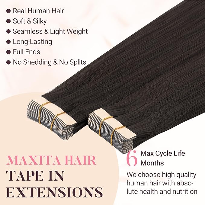 MAXITA Tape in Hair Extensions Human Hair Dark Brown 22 Inch 50g 20pcs Remy Human Hair Straight Seamless Real Hair Extensions Tape in Skin Weft Extensions for Women