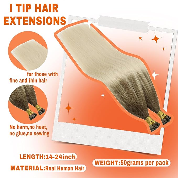 Sunny Balayage I Tip Hair Extensions Human Hair 50S I Tip Hair Extensions Light Blonde to Platinum Blonde Balayage Itips Hair Extension Soft Pre Bonded Hair Cold Fusion 22inch 50G