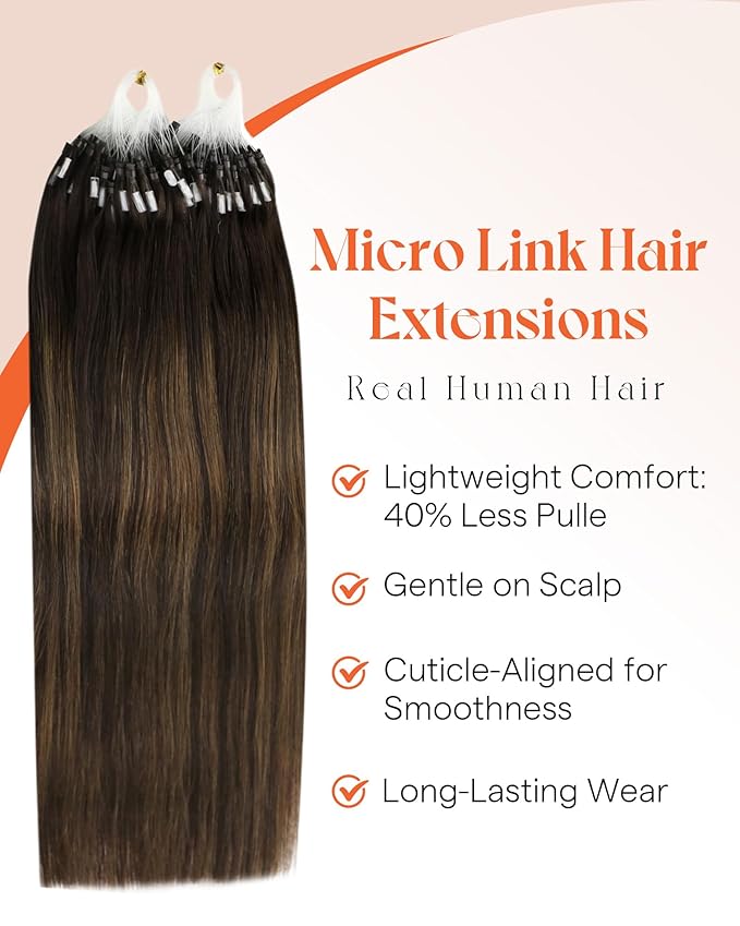 Sunny Hair Microlink Hair Extensions Human Hair Dark Brown Balayage, Straight Beaded Extensions, Soft Silky Micro Loop, Natural Blends for Women, Just Below the Shoulders 16 Inch 50G