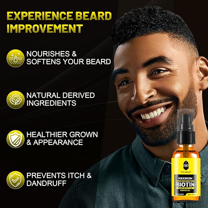 Beard Oil,Maximun Thickening Biotin, with Castor Oil and Argan & Jojoba Oils, Promotes Beard Growth, Styles, Strengthens & Softens Beards & Mustaches,1 Ounce*2(2 Pack)