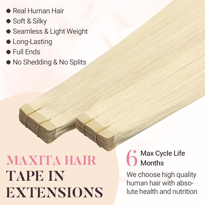MAXITA Tape in Hair Extensions Human Hair Platinum Blonde 14 Inch 100g 40pcs Thick Ends Remy Seamless Straight Human Hair Extensions Invisible Tape in Extensions Human Hair