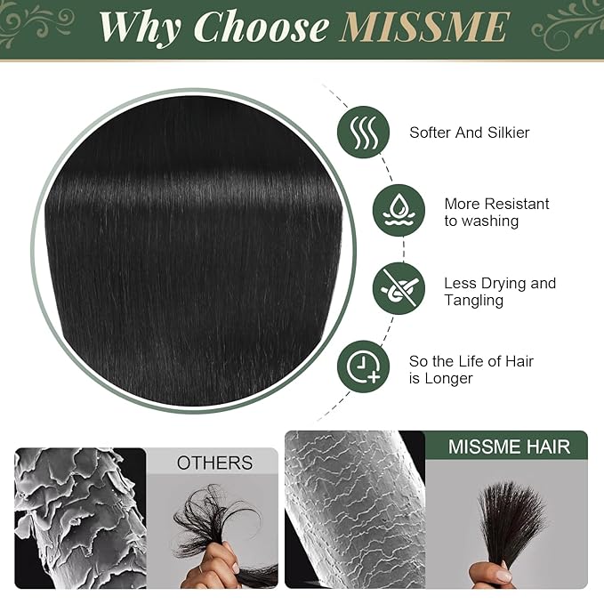 Missme Tape in Hair Extensions Human Hair 20 inch 20 Pcs 50g #1 Jet Black Tape ins Human Hair Extensions Remy Hair Skin Weft Seamless Invisible Silky Straight Thick Ends Add Length
