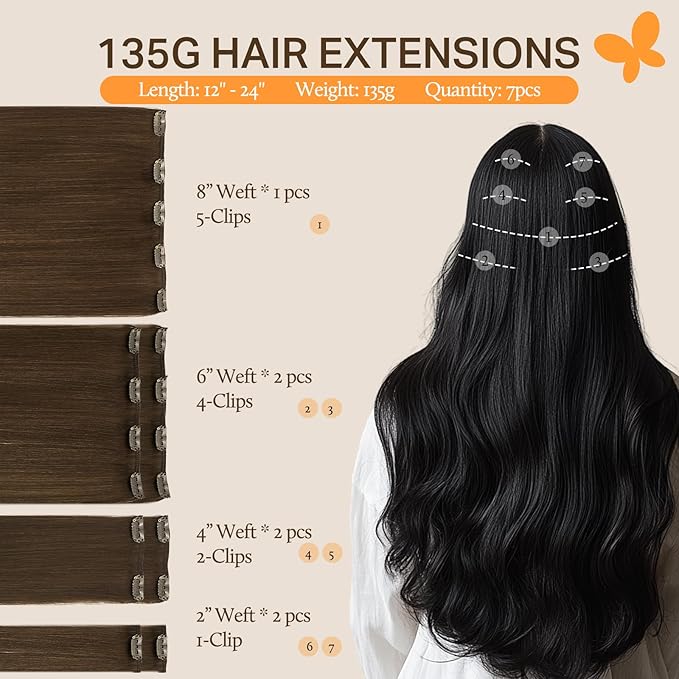 DOORES Human Hair Clip in Extensions, Chocolate Brown 135g 7pcs 16 Inch, Remy Human Hair Extensions Clip in Natural Silky Straight Weft
