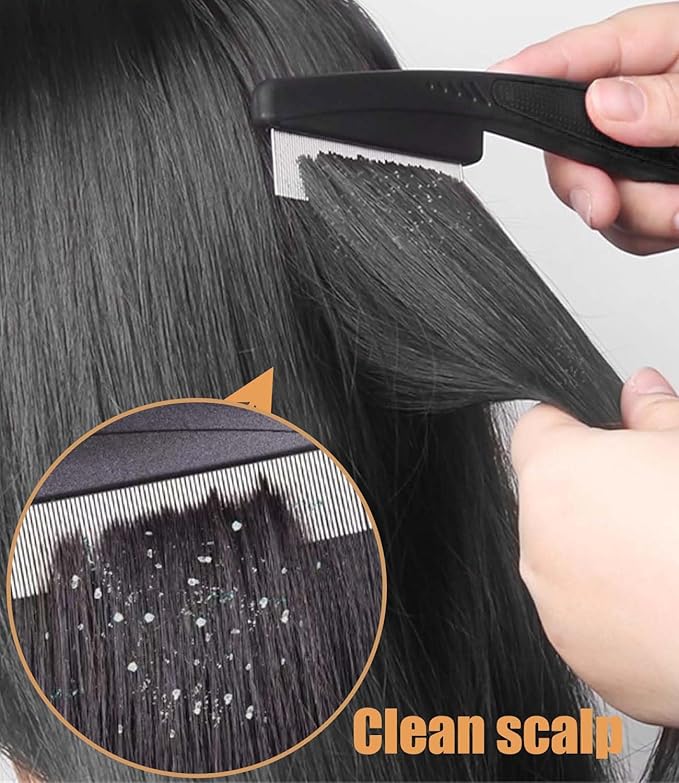 Dandruff Comb Fine Tooth Scalp Detox Comb Lice for Women, Men & Kids Stainless Steel Scalp Detoxing, Sweep & Massage Hair Brush Tool for Hair Care (2PC Black+Orange)