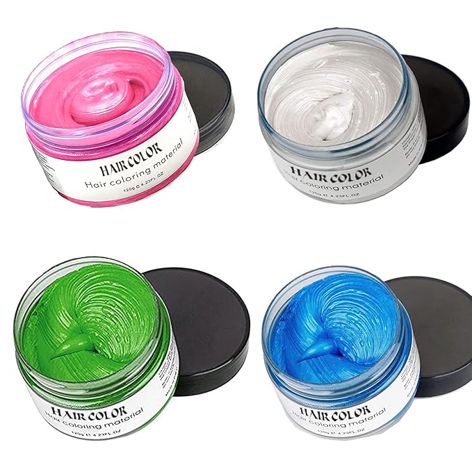Temporary Hair Color Spray, Natural Hair Coloring Wax Material Disposable Hair Styling Clay Ash for Cosplay, Party, Masquerade, Halloween (Blue, White, Green, Pink, 1 Pack)