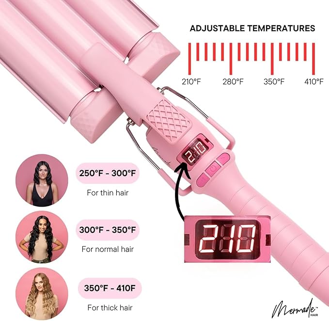 Mermade PRO Hair Waver 1" - 3 Barrel, Curling Iron 1 Inch, Ceramic Barrel Waver for Thick, Thin, Long, or Short Hair - 1", Pink