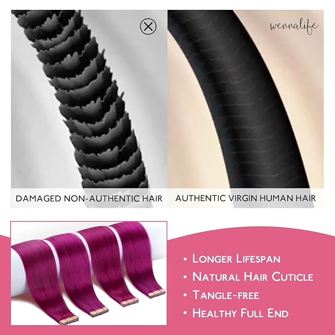 WENNALIFE Tape in Hair Extensions Human Hair Violet Tape in Extensions, 10pcs 20g 12 inch Remy Invisible Tape Ins Straight Colored Soft Real Human Hair Tape in Extensions Refill Set Extensions