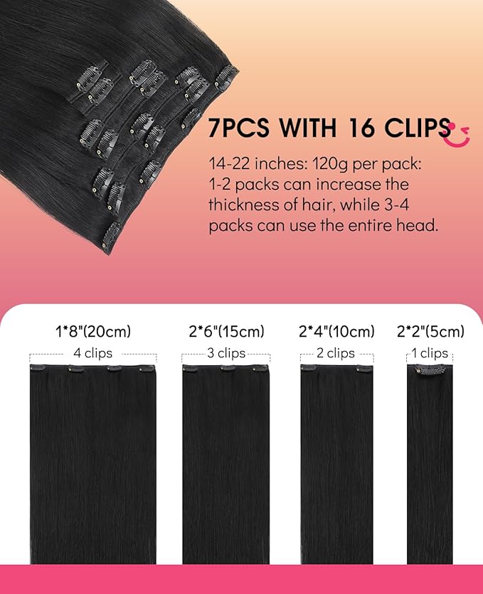 Youngsmile Clip in Hair Extensions, Jet Black Human Hair Clip in Extensions Silky Straight Weft Remy Human Hair, Thick End, 120 Gram 7Pcs 20 Inch(CLIP#1-20Inch)