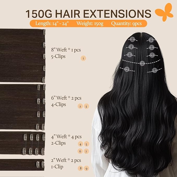 DOORES Hair Extensions Real Human Hair, Light Dark Brown 18 Inch 150g 9pcs, Clip in Hair Extensions Real Human Hair Remy Hair Extensions Clip in Human Hair Thick Hair Extensions Natural hair
