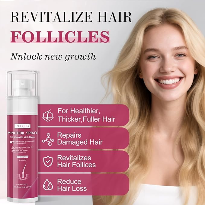 5% Minoxidil for Women Hair Regrowth Spray, hers hair regrowth treatment Infused with Biotin, Extra Strength Treatment to Combat Hair Loss and Thinning, 6 Bottles(100 Ml)