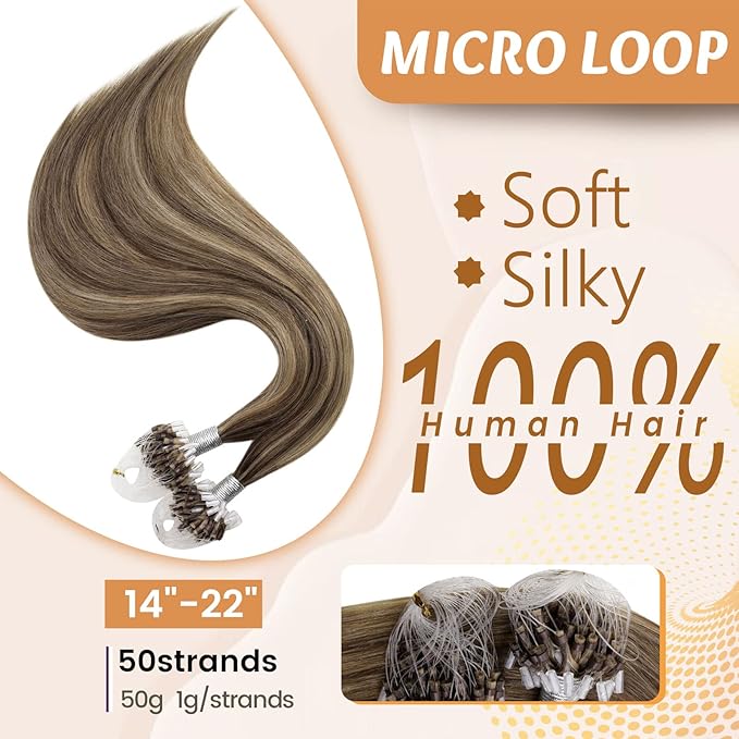 RUNATURE Microlinks Humam Hair Extensions for Women Silky Brown Highlight Blonde 16 Inch Micro Beads Remy Hair Extensions Natural Pre Bonded Micro Loop Real Human Hair Extensions Straight 50g 50 Strands
