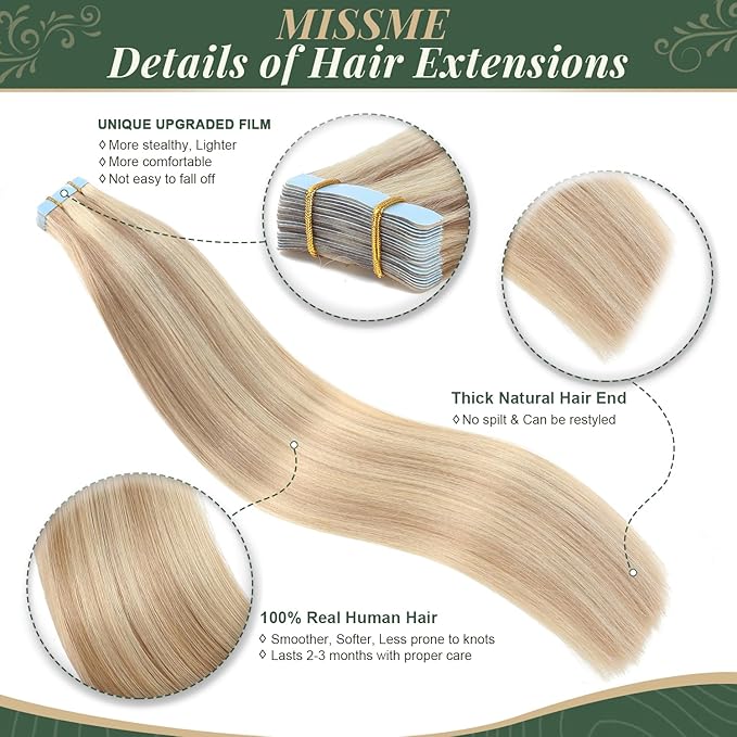 Missme Tape in Hair Extensions Human Hair 14 inch 20 Pcs 40g #P18/613 Ash Blonde Tape ins Human Hair Extensions Remy Hair Skin Weft Seamless Invisible Silky Straight Thick Ends Add Length