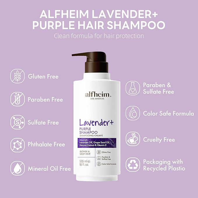 ALFHEIM Lavender+ Purple Shampoo | Moisturizing & Brass Control | Sulfate-Free, Color-Safe | For Blonde, Silver & Highlighted Hair | Infused with Lavender Oil & Vitamin E | 18 oz