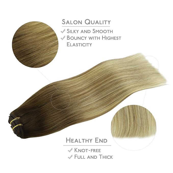 WENNALIFE Hair Extensions Clip In, 24 Inch 120g 7pcs Clip in Hair Extensions Real Human Hair Ombre Walnut Brown to Ash Brown and Bleach Blonde Remy Coloured Human Hair Extensions