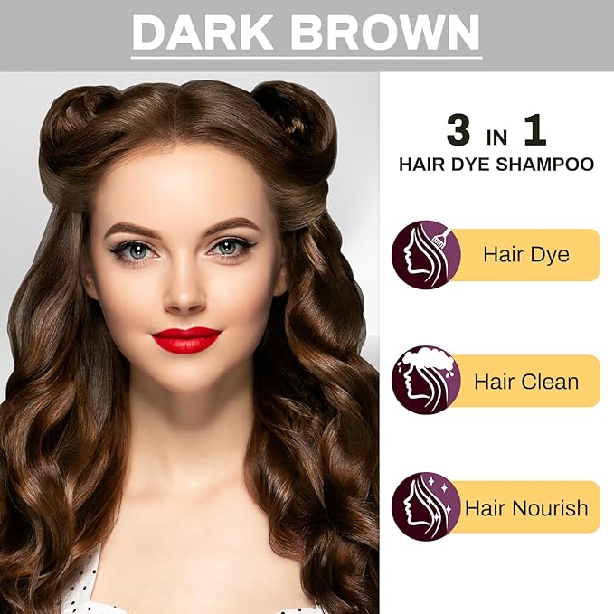 Dark Brown Natural Hair Dye Shampoo 3 in 1, 16.9 Fl Oz/500 ML, Semi-Permanent Gray Hair Coverage, Unisex, Natural Ingredients,