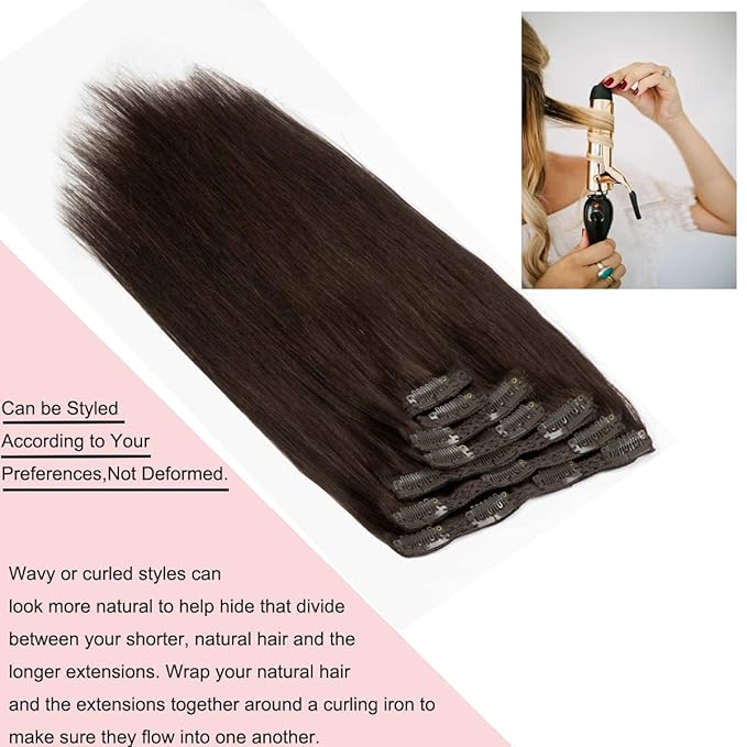 Loxxy Clip in Extensions Human Hair Dark Brown Hair Extensions 9A Grade Remy Human Hair Clip in Clip Hair Extensions Double Weft Color #2 18Inch 120g
