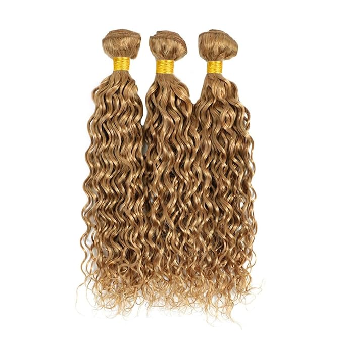 BQRIH #27 Honey Blonde Water Wave Bundles with 4x4 Closure Pre Plucked Human Hair 18 20 22+16, 12A Virgin Brazilian Curly Weaves Soft Bouncy Wet n Wavy Colored 3 Bundles with Transparent Lace Closure