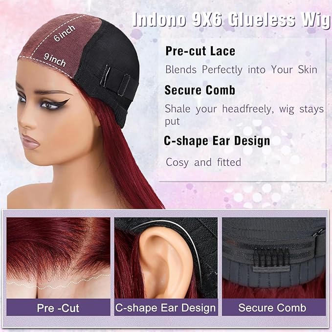 99j Burgundy Lace Front Wigs Human Hair Pre Plucked 9x6 HD Lace Red Wig Human Hair Wear And Go Glueless Wigs 220 Density Red Straight Wig for Women with Baby Hair 26Inch