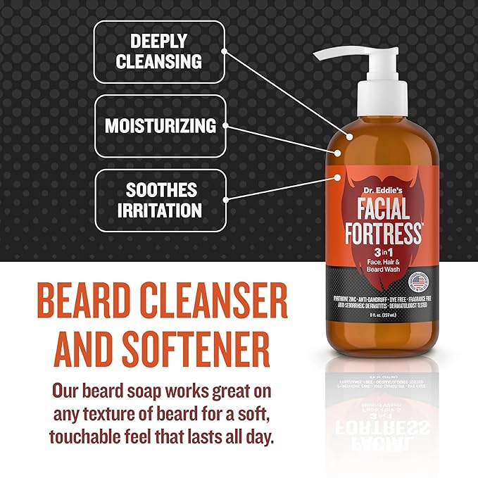Dr. Eddie's Facial Fortress 3 in 1 Face, Hair, & Beard Wash - Beard and Face Wash for Men, Beard Cleanser, Face Soap, Beard Care, Dandruff Shampoo with Pyrithione Zinc - 8 Fl Oz (Pack of 1)