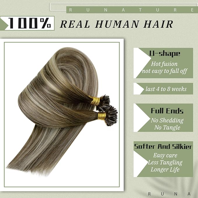 RUNATURE U Tip Hair Extensions Human Hair, Balayage Real Keratin Tip Extensions for Short Hair, Silky Remy Natural Hair, Hot Fusion Heat Resistant, 12 Inch 40g 50strands #3/8/22 Brown to Blonde