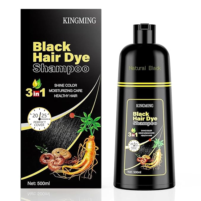 KINGMING Black Hair Dye Shampoo 3 in 1 for Gray Hair, Hair Color Shampoo for Women Men Grey Hair Coverage, Herbal Ingredients Champu Con Tinte Para Canas 500ml (Black).
