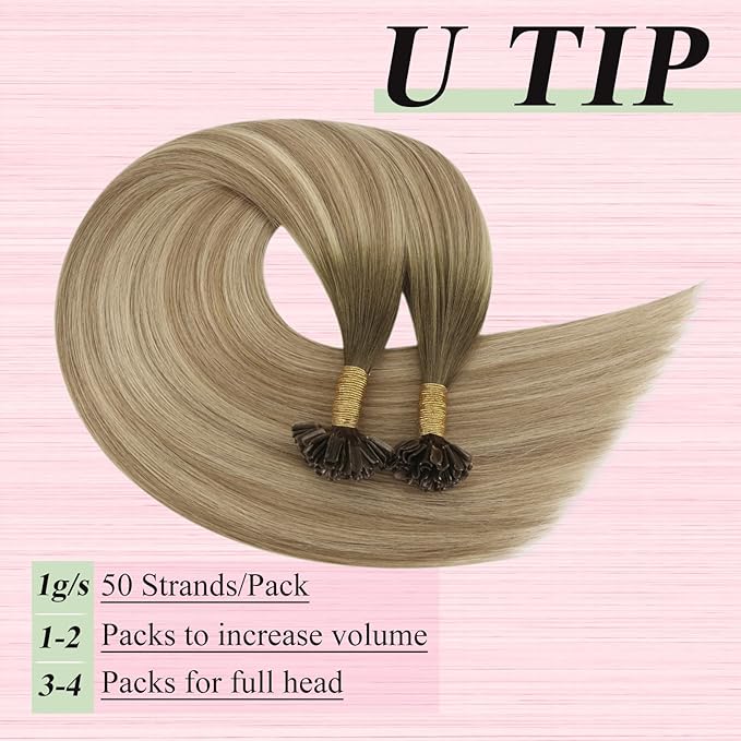 YoungSee U Tip Hair Extensions Balayage Keratin Tip Hair Extensions Balayage 24 Inch Long Utip Extensions Dark Brown Ombre Brown with Blonde U Tips Hair Extensions Real Human Hair for Women 50s/50g