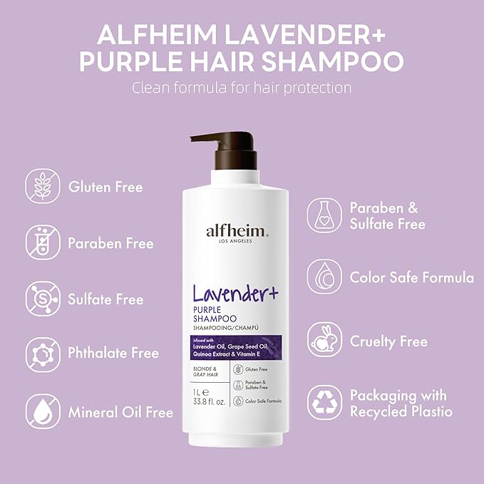ALFHEIM Lavender+ Purple Brightening Shampoo | Deep Moisturizing, Hydrating & Smoothing | Color-Safe, Sulfate & Paraben-Free Formula, for Silver, Blonde & Highlighted Hair | 33.8 fl oz