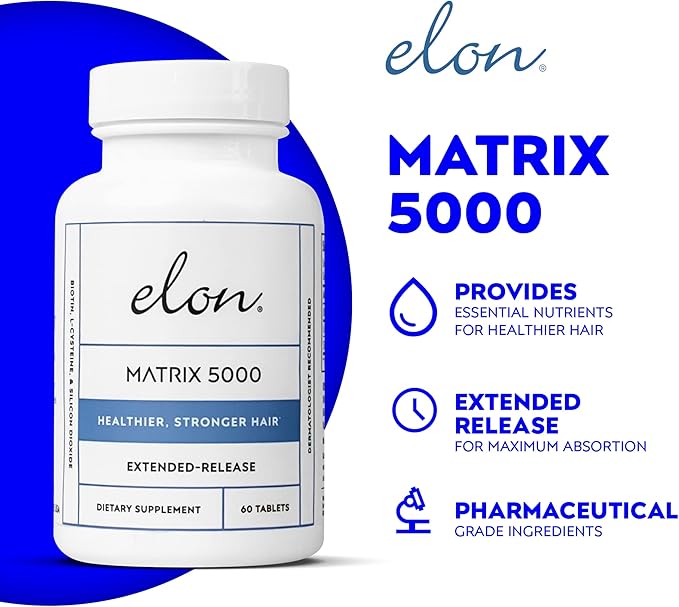 Elon Matrix 5000 - Biotin 5000mcg Vitamins for Hair Growth w/Extended Release - Promotes Healthy & Strong Hair & Nails - (60 Day Supply)