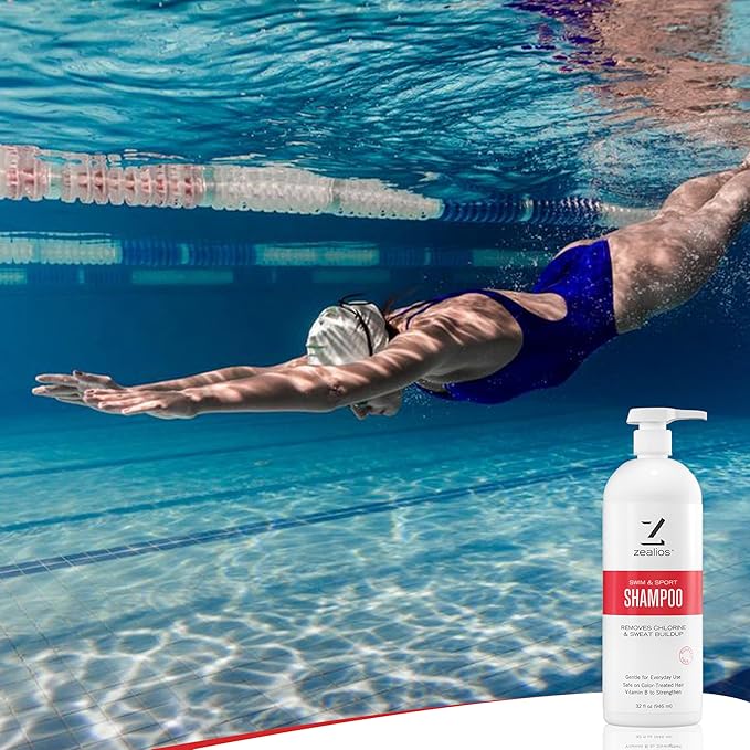 Zealios Sport Clarifying Shampoo, 32 oz Pump Bottle for Extremely Damaged Hair, Pool Hair Repair & Protector - Sulfate-Free, Moisturizing Chlorine & Salt Removal, Color-Safe, Citrus Scent for Swimmers