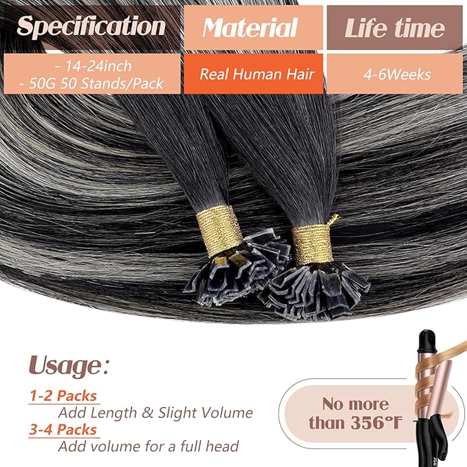 Sunny Hair K Tip Extensions Real Human Hair Ombre Black Ktip Hair Extensions Natural Black Roots to Silver Grey Balayage 22inch 50g
