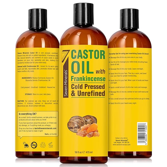 Seven Minerals Cold Pressed Castor Oil with Frankincense - 16 fl oz Bottle - Unrefined & Hexane Free - Hair Growth, Thicker Eyelashes & Eyebrows, Dry Skin Care, Joint and Muscle Relief (Pack of 1)