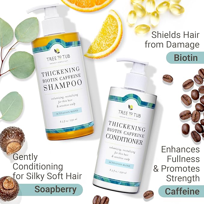 Tree To Tub Volumizing Biotin Shampoo and Conditioner Set - Activating Caffeine for Fuller Hair, Thickening Shampoo and Conditioner for Women & Men, Sulfate Free w/Natural Soapberry Organic Argan Oil