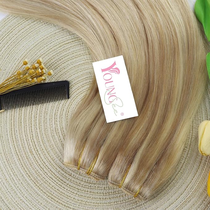 YoungSee 130G Wire Human Hair Extensions Blonde Highlight Hidden Wire Hair Extensions Human Hair Dark Ash Blonde Highlights Golden Blonde Fish Line Hair Extensions 20Inch