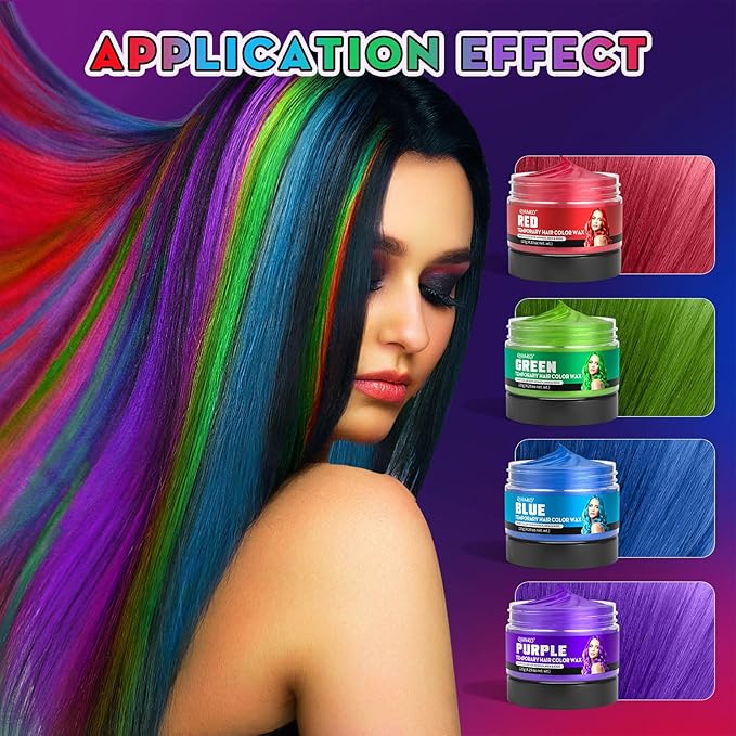 4 Colors Temporary Hair Color for Kids,Gifts for Teens,Girls,Boys,Fun Gifts for Kids,Temporary Hair Dye,Green Purple Red Blue Hair Dye Color Wax,DIY Hairstyle Instant Color Wax Halloween Party