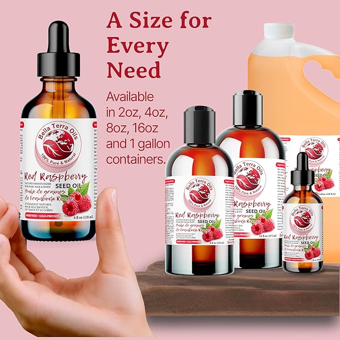 Bella Terra Oils - Red Raspberry Seed Oil 4oz - Pure Cold-Pressed Alchemy, Abundant in Ellagic Acid & Omega Fatty Acids, Nature's Gift for Beautiful Skin