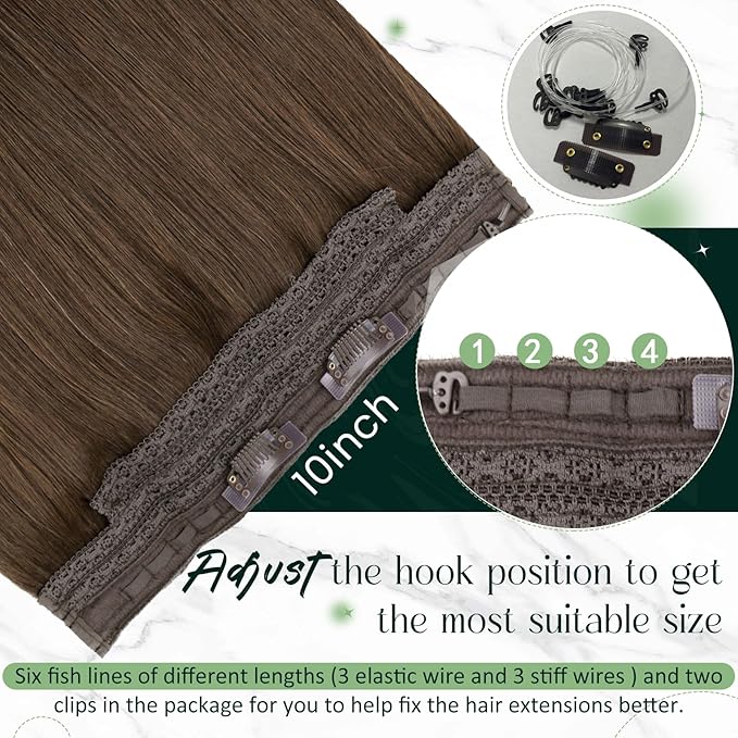 RUNATURE Invisible Wire Hair Extensions Short, Transparent Fish Line Hair Extensions Real Human Hair Brown, Remy Straight Heat-resistant, Easy to Maintain, 12 Inch 70g #4 Chocolate Brown