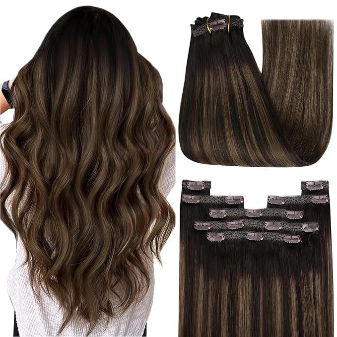 YoungSee Clip in Hair Extensions Dark Brown Human Hair Clip in Extensions Balayage with Medium Brown Clips in Human Hair Extensions for Woman 14inch 120g