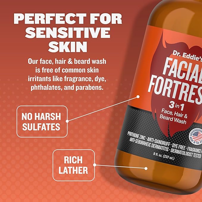 Dr. Eddie's Facial Fortress 3 in 1 Face, Hair, & Beard Wash - Beard and Face Wash for Men, Beard Cleanser, Face Soap, Beard Care, Dandruff Shampoo with Pyrithione Zinc - 8 Fl Oz (Pack of 1)