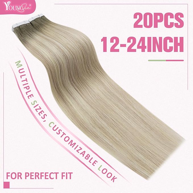 YoungSee Tape on Hair Extensions Balayage Ash Blonde Ombre Platinum Blonde Tape in Hair Extensions Real Human Hair Balayage Tape Real Hair Extensions Balayage Tape in Hair Extensions 18In 50g 20pcs