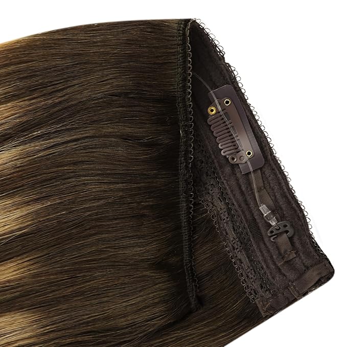 YoungSee 120G Wire Hair Extensions Brown Invisible Wire Human Hair Extensions Dark Brown Fading To Caramel Blonde Mix Brown Balayage Straight Hair Extensions Wire 16Inch