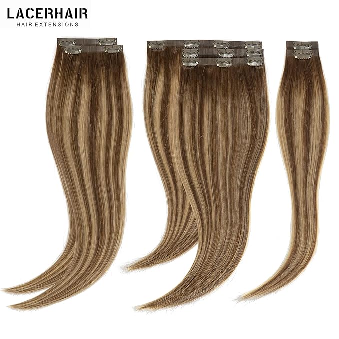 LacerHair PU Clip in Hair Extensions Remy Human Hair Chocolate Brown to Caramel Blonde with Brown Roots 22 Inch Thick Remy Glam Seamless Light Hair Extensions with Skin-Weft Technology 110g 7pcs